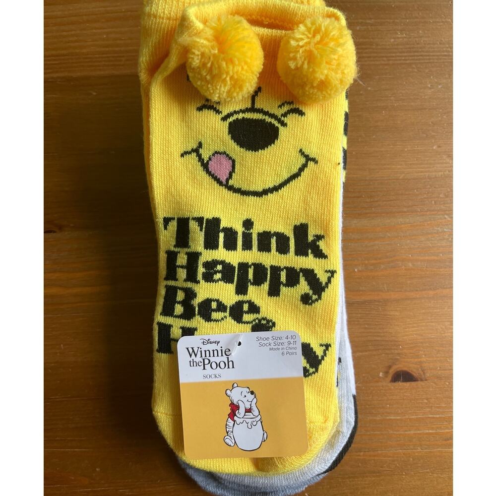 Disney Winnie the Pooh Pom Pom No Show 6 Pairs Socks NEW Size 9-11